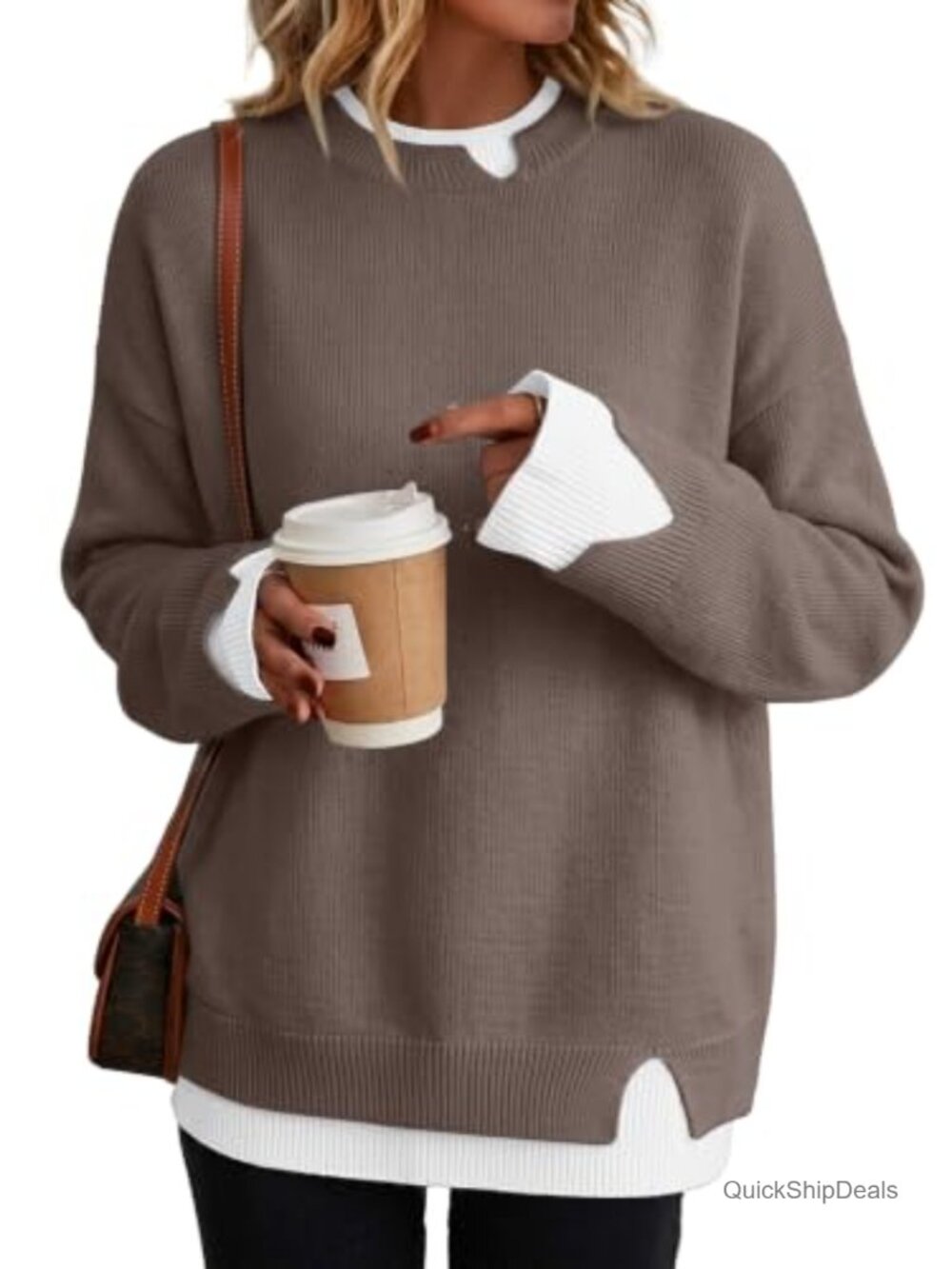 Womens Oversized Patchwork Sweater Slit Cuff Crew Neck Pullover